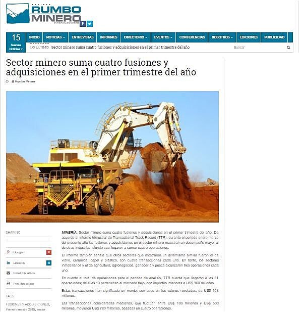 Sector minero suma cuatro fusiones y adquisiciones en el primer trimestre del ao